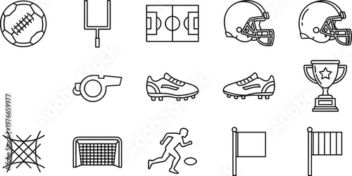 Set of Football and Sports Icons Featuring Ball, Helmet, Field, Shoes, and Trophy for Sports, Football, and Event Design Projects
