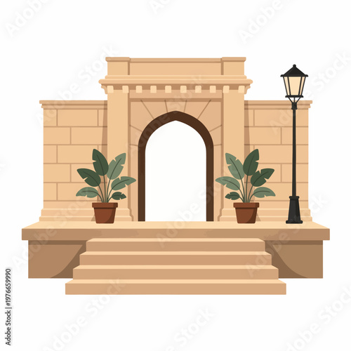 Archway entrance with potted plants, steps and a lamp post