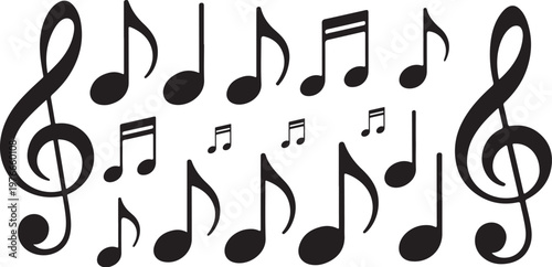 Musical notes and clefs on a transparent background representing music and sound elements. 