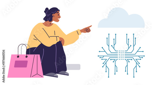 Online shopping, cloud computing, technology integration, ecommerce, customer behavior, data infrastructure. Woman sitting with shopping bag pointing at cloud and circuit diagram. Ecommerce and cloud