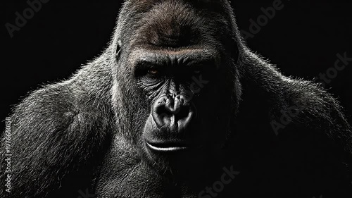 Dominant Silverback Gorilla Portrait on Black Background
