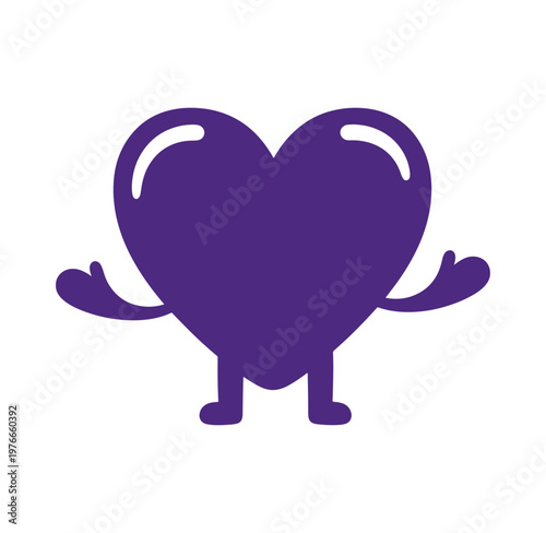 Purple heart character with arms and legs on transparent background