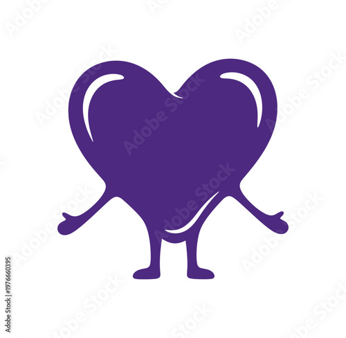 Purple heart character with arms and legs standing on white background