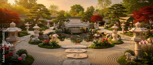 Panel kuchenny z motywem A meticulously designed, traditional Japanese zen garden at golden hour, showcasing a graceful stone bridge spanning a tranquil koi pond, surrounded by intricate stone lanterns, vibrant autumn...