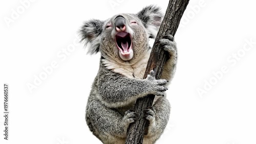 Sleepy Adorable Koala Yawning on White Background
