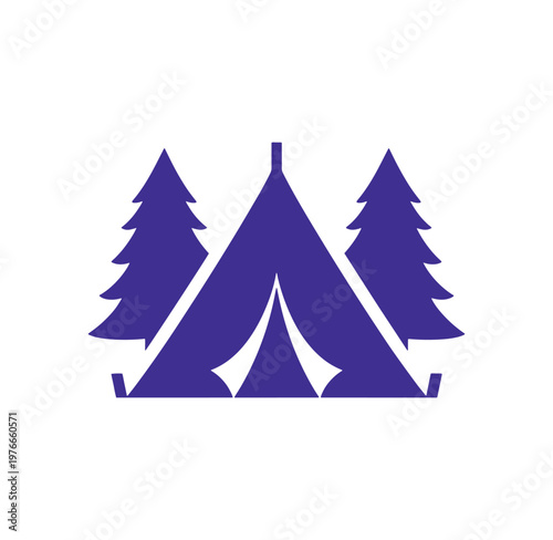 Purple silhouette of a tent and two pine trees on white background for camping and outdoor activities