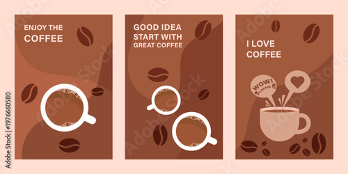 Three coffeethemed vertical posters with flat design illustrations for marketing and promotion. Features cups, beans, and warm brown backgrounds.