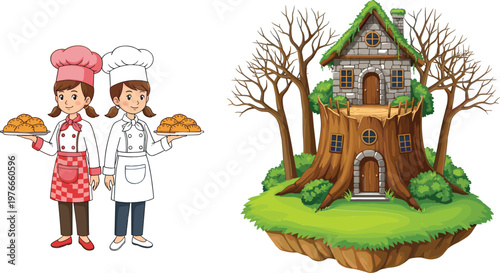 Cartoon chef couple holding pastries and fantasy treehouse cottage on floating island vector illustration for bakery and storybook concept