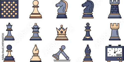 Set of Chess Icons Including Chess Pieces, Board, and Timers for Game Strategy and Sports Design Projects