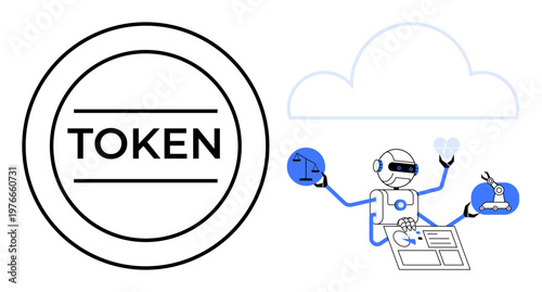 Automation, digital innovation, cloud computing, blockchain, productivity, AI technology. Robot multitasking with gadgets near token symbol and cloud outline. Automation and digital innovation