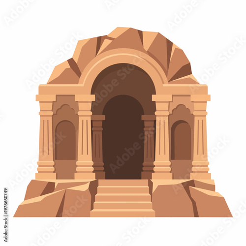 Ancient stone structure with columns and entrance, illustration