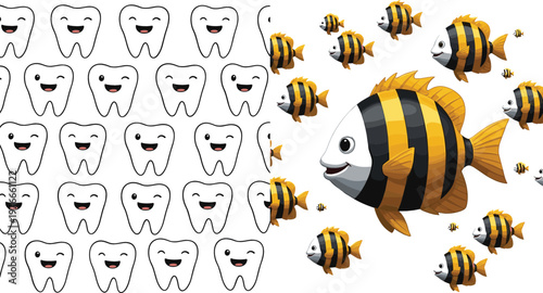 Cute smiling tooth characters pattern with colorful tropical fish collection cartoon vector illustration for dental care education and marine life design