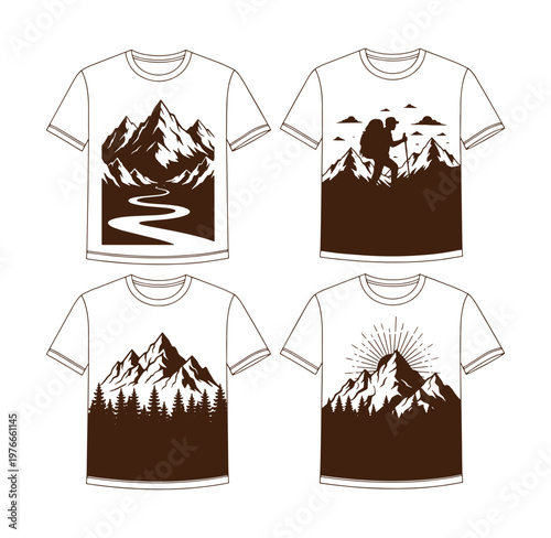 white t shirts with mountain designs and hiking theme on plain background