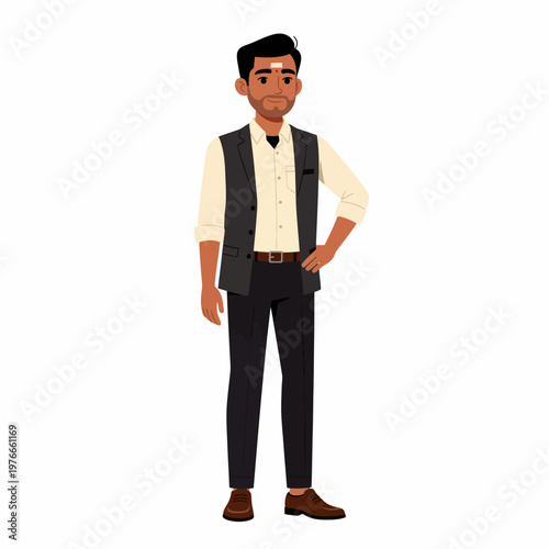 A man wearing a waistcoat and formal attire with a tilak on forehead