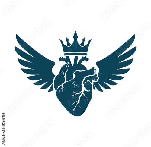 Wings and crown on anatomical heart symbol  medicine and health concept