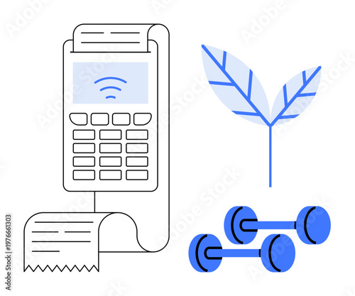 Fitness, sustainability, eco-friendly habits, health-conscious living, digital payments, cashless transactions. A contactless payment terminal, dumbbells and a leaf. Fitness and sustainability
