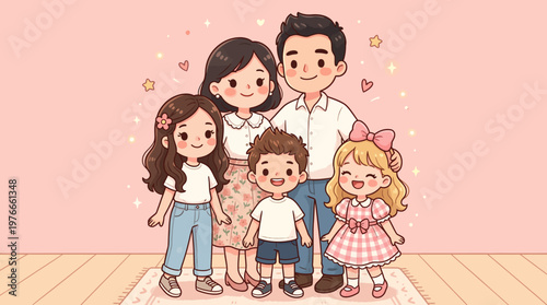 Joyful illustration of a loving family of five, capturing the warmth and happiness of a complete household with two daughters and a young son