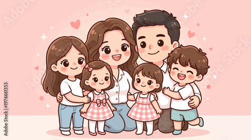 A loving cartoon family portrait with parents and three young children, showing affection and togetherness in a heartwarming illustration