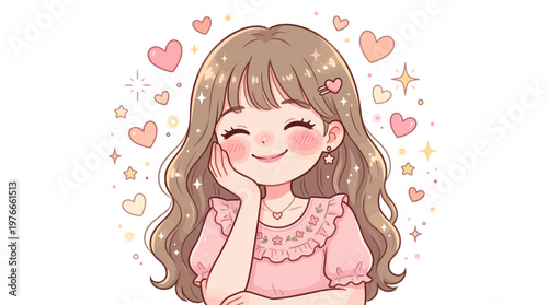 Adorable cartoon girl with sparkling hearts and a sweet smile, embodying joy and affection in a charming illustration