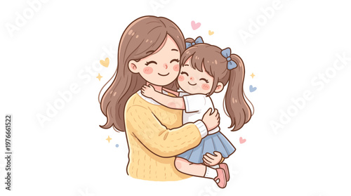 Heartwarming illustration of a loving mother embracing her joyful daughter, capturing a moment of pure happiness and maternal affection in a sweet, gentle style