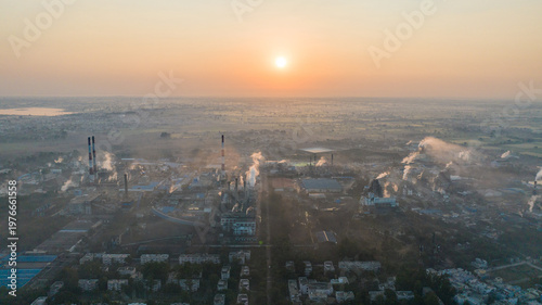 industrial, factory, plant, aerial, drone, daytime, india, nagda, refinery, manufacturing, industry, infrastructure, smokestack, chimney, production, power plant, chemical, engineering, industrial lan