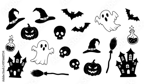 Halloween doodle silhouette elements spooky hand drawn style witch ghost pumpkin vector set isolated on white