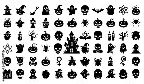 Halloween black silhouette icons set spooky witch ghost pumpkin skull clipart collection isolated on white