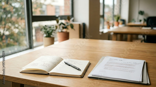 Open notebook with pen and charts on wooden desk by window