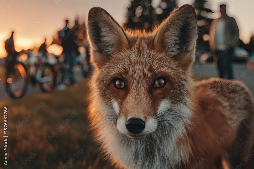Obraz premium A curious red fox standing in grass with bicycles and people in the background.