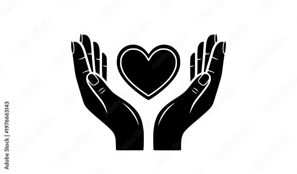 Fototapeta premium Stylized two hands holding heart black silhouette vector with white outlines flat design
