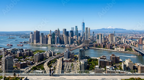 Panoramic View of New York City Skyline and Brooklyn Bridge with Distant Snow-Capped Mountains