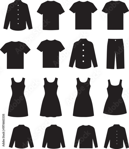Set of black clothing icons, including shirts, tshirts, dresses, and pants
