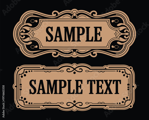 Vintage ornamental label frame vector set, decorative engraved badges with classic borders and sample text for packaging, branding, signage, and retro design