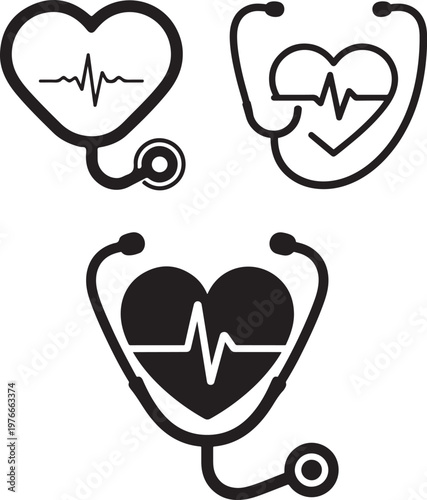 Set of medical stethoscope icons with heart shape and heartbeat pulse