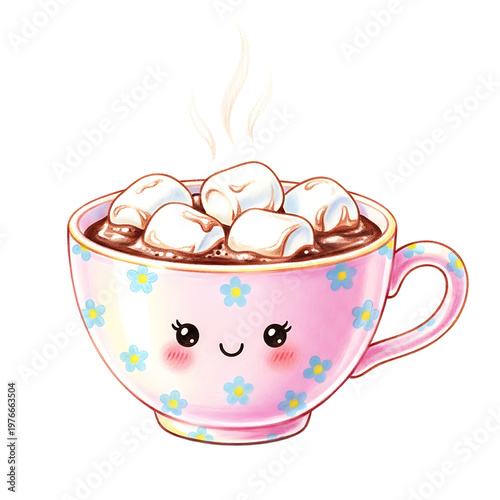 Cute illustration of a pink cup of hot chocolate with marshmallows and a smiling face.