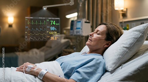 Patient in hospital bed with futuristic holographic medical monitor displaying vital signs