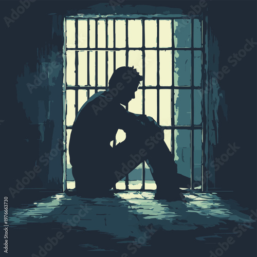 A solitary figure sits in a dimly lit cell, symbolizing introspection and isolation amidst confinement.