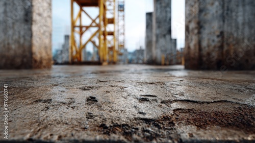 Urban Construction Site with Textured Ground and Industrial Pillars in Soft Lighting