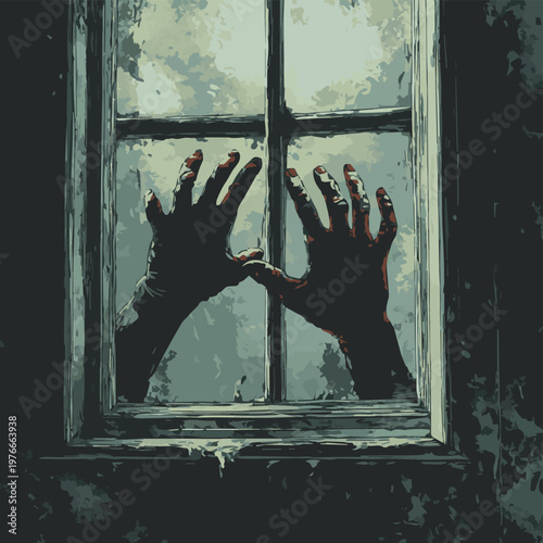 A haunting scene of desperate hands pressing against a foggy window, evoking feelings of isolation and fear.