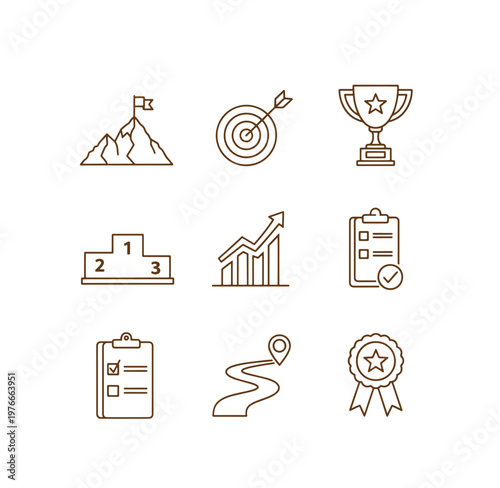 Business success and achievement icons including targets and charts  symbols of goal accomplishment