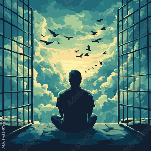 A person reflects on freedom and hope while sitting near an open gate, looking at birds in a tranquil sky.