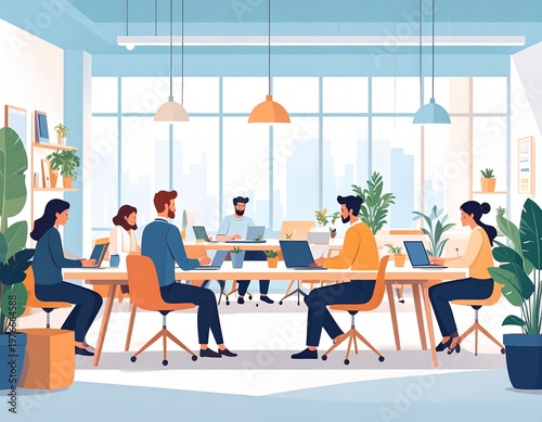 Modern Startup Team Working Together in Open Office with Laptops and Collaborative Workspace Illustration