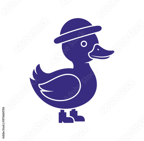 Duck wearing a hat and shoes standing alone in a simple pose