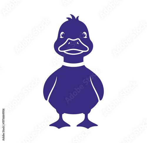 Purple cartoon duck standing alone on white background looking cute and friendly