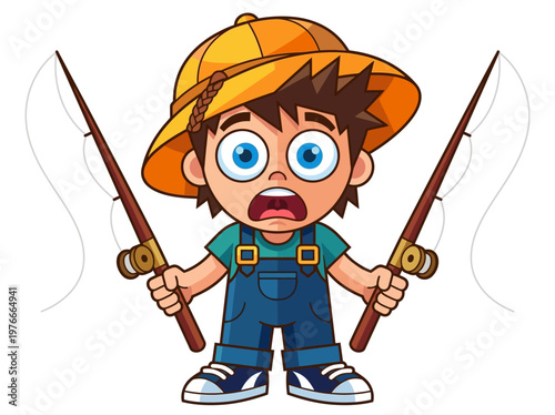 Funny Cartoon Boy Fisherman with Shocked Expression Holding Two Fishing Rods, Little Angler in Explorer Hat and Overalls, Cute Character Vector Illustration Isolated on White