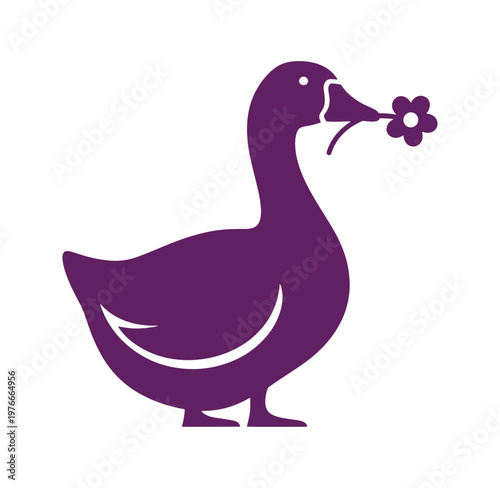 Purple duck holding a flower in its beak standing alone