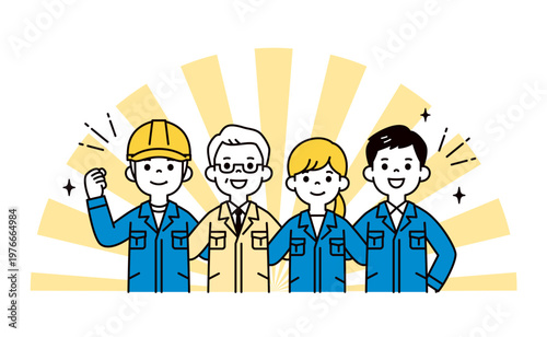 肩を組んでチームワークで頑張る、社長と社員・作業員・従業員の上半身ベクターイラスト素材