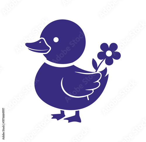 Purple duck holding a flower in its wing outdoors