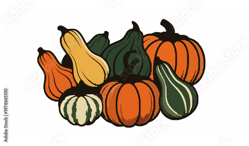 Bold retro pumpkin squash and gourd vector collection with halftone vintage harvest illustration set
