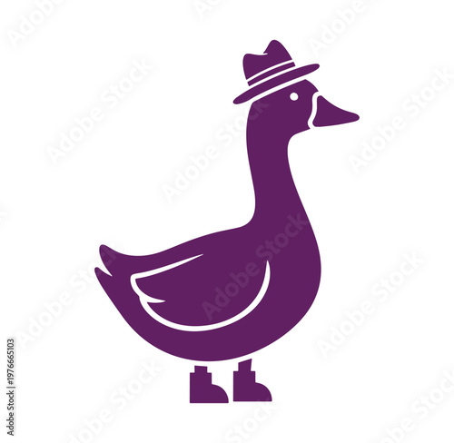 Purple duck wearing a hat standing on white background
